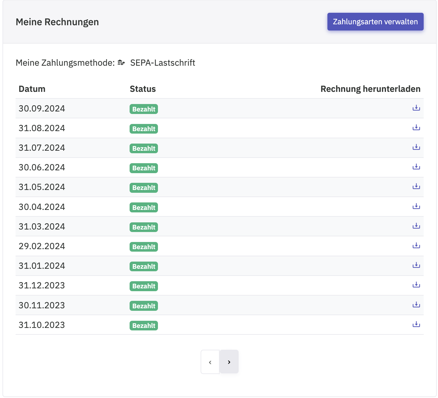 Rechnungsliste mit Download-Button