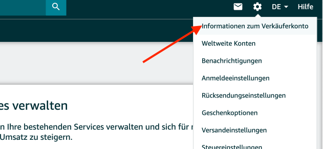 Zahnrad-Menü im Amazon Seller Central
