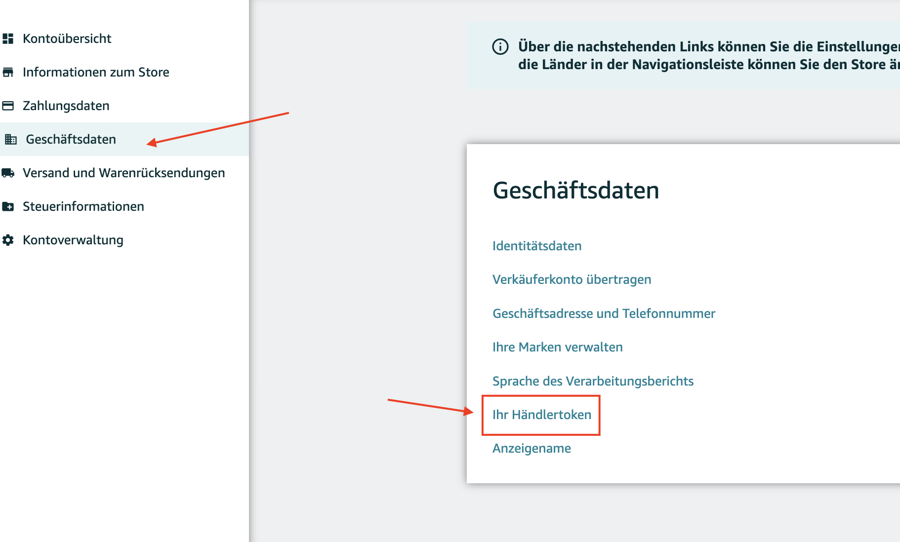 Händlertoken in den Geschäftsdaten