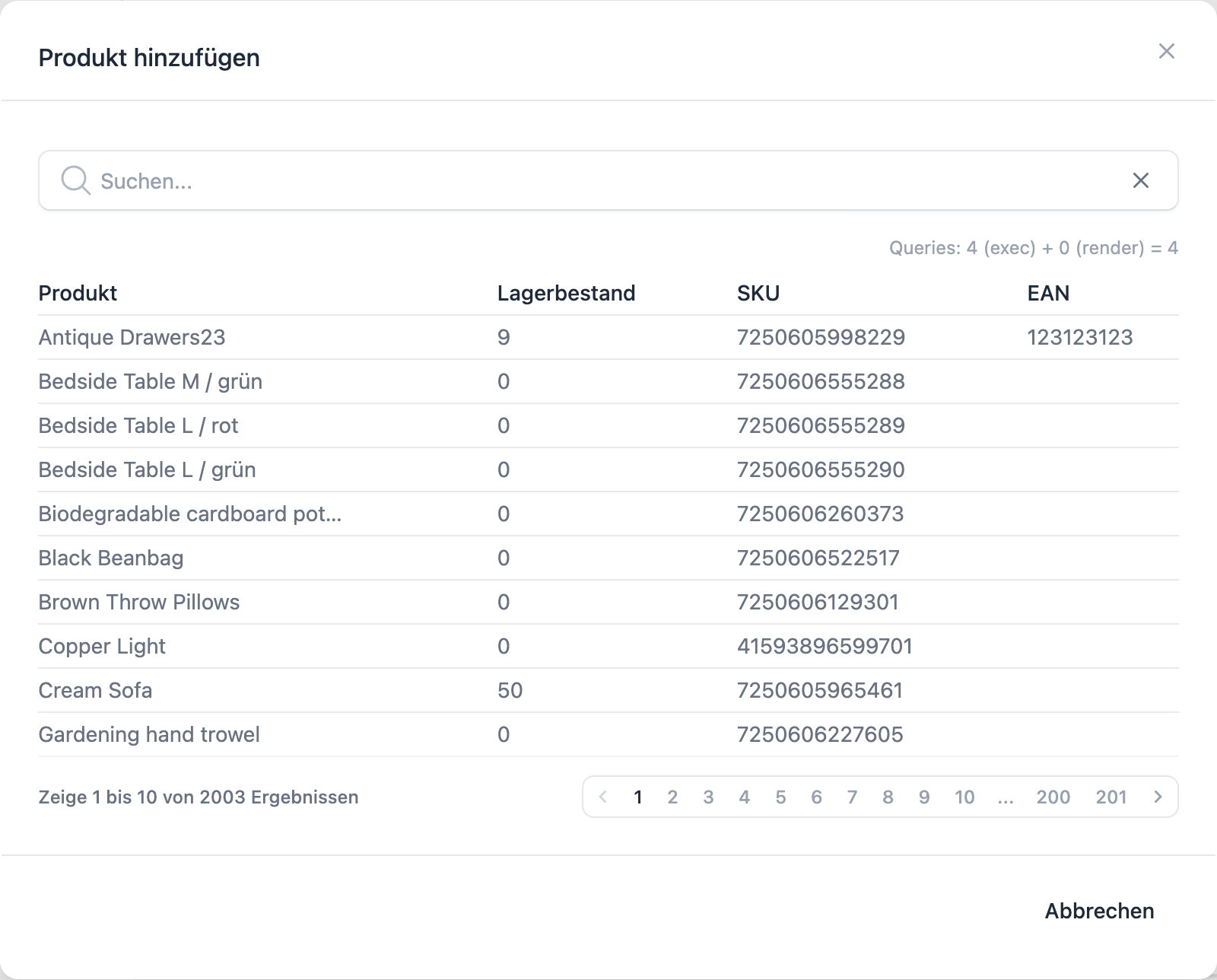 FFN Connect: Dialog zur Auswahl einer Stücklistenkomponente mit Suchfeld und Artikel-Liste