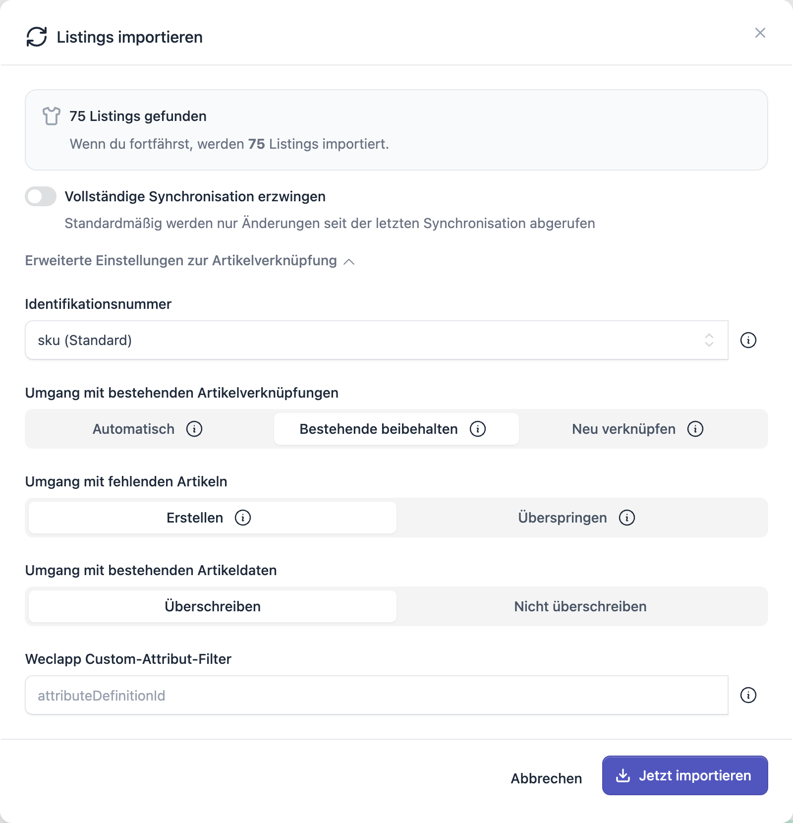 FFN Connect: Dialog „Listings importieren" mit aufgeklappten erweiterten Einstellungen zur Artikelverknüpfung