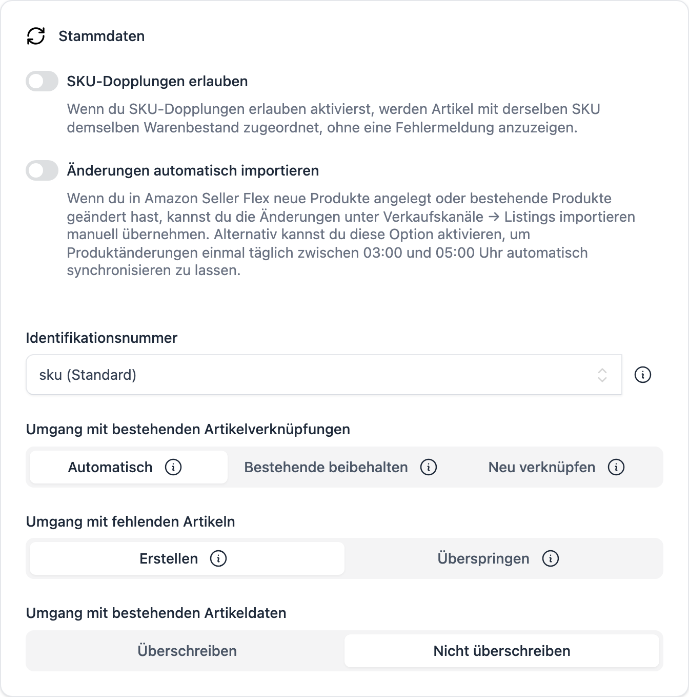 Die Karte „Stammdaten" in den Produkt-Einstellungen eines Verkaufskanals