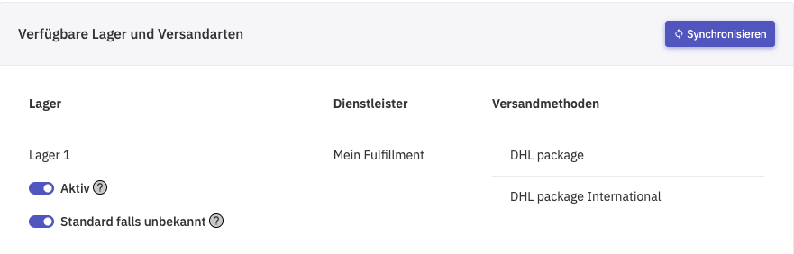 Lager-Übersicht mit synchronisiertem Fulfillment-Standort