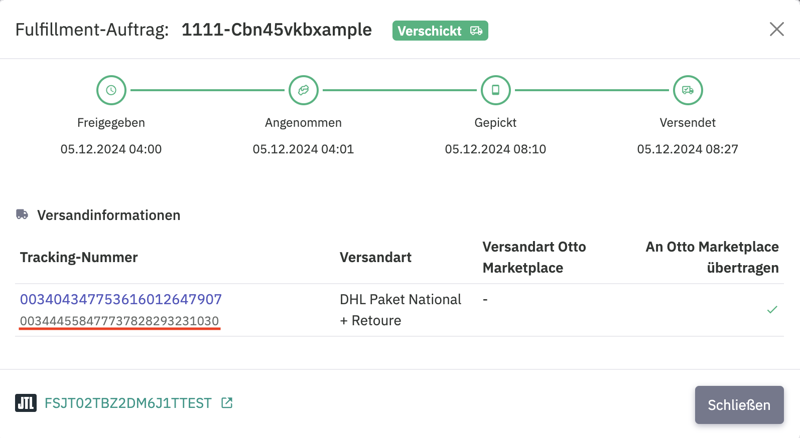 Trackingnummer und Retourennummer in der Auftragsansicht