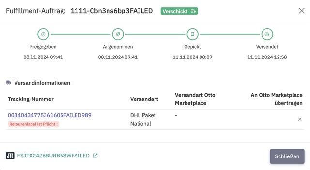 Fehlermeldung bei fehlender Retourennummer