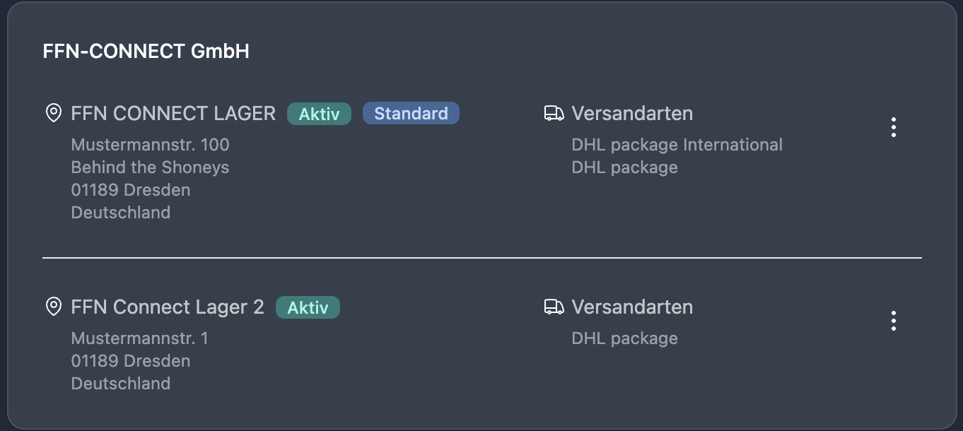 Einstellungen → Lager mit dem freigegebenen Fulfillment-Lager
