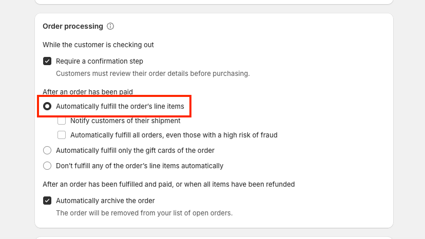 Shopify-Einstellung für automatische Auftragsausführung