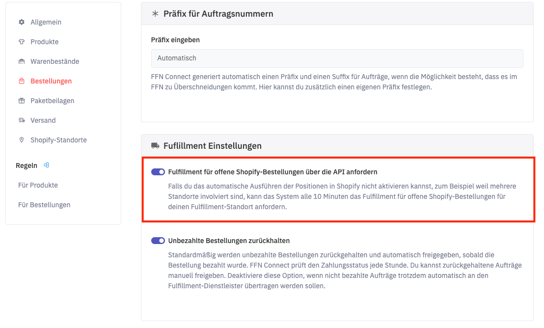 Einstellung „Fulfillment immer automatisch anfordern" im Tab Bestellungen