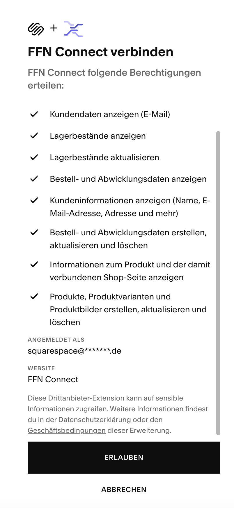 Squarespace-Verbindung erlauben