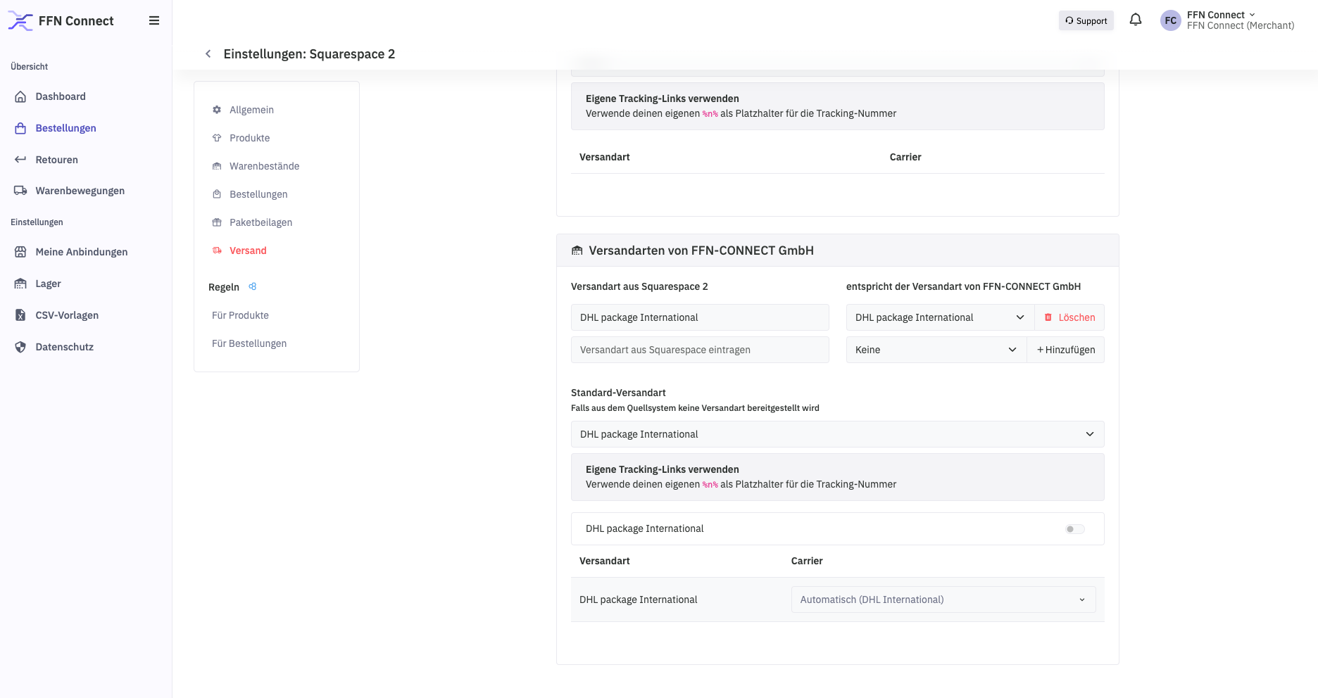 Versandeinstellungen in FFN Connect