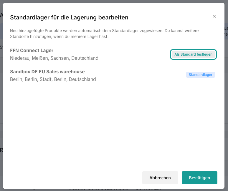 Lager als Standard festlegen
