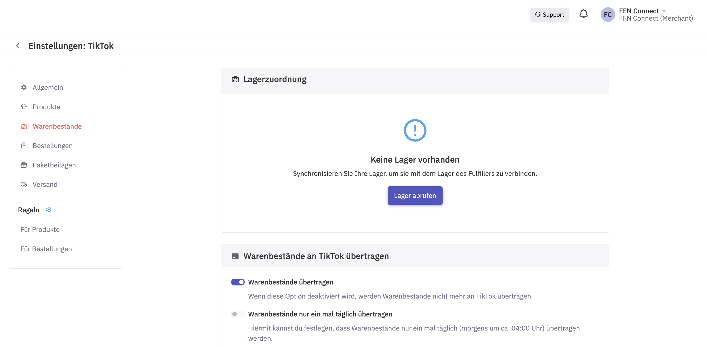Warenbestände-Einstellungen in FFN Connect