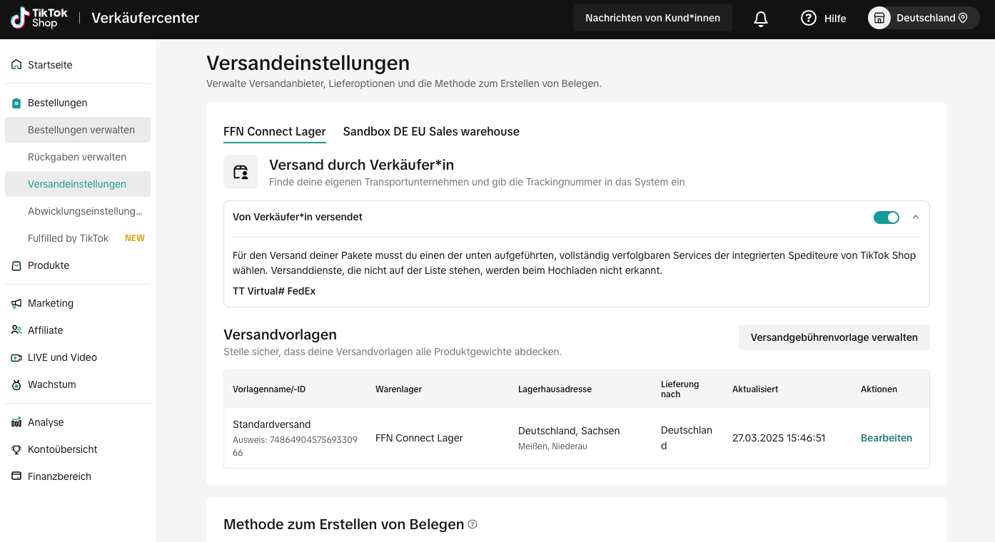 Versandvorlagen im TikTok Shop