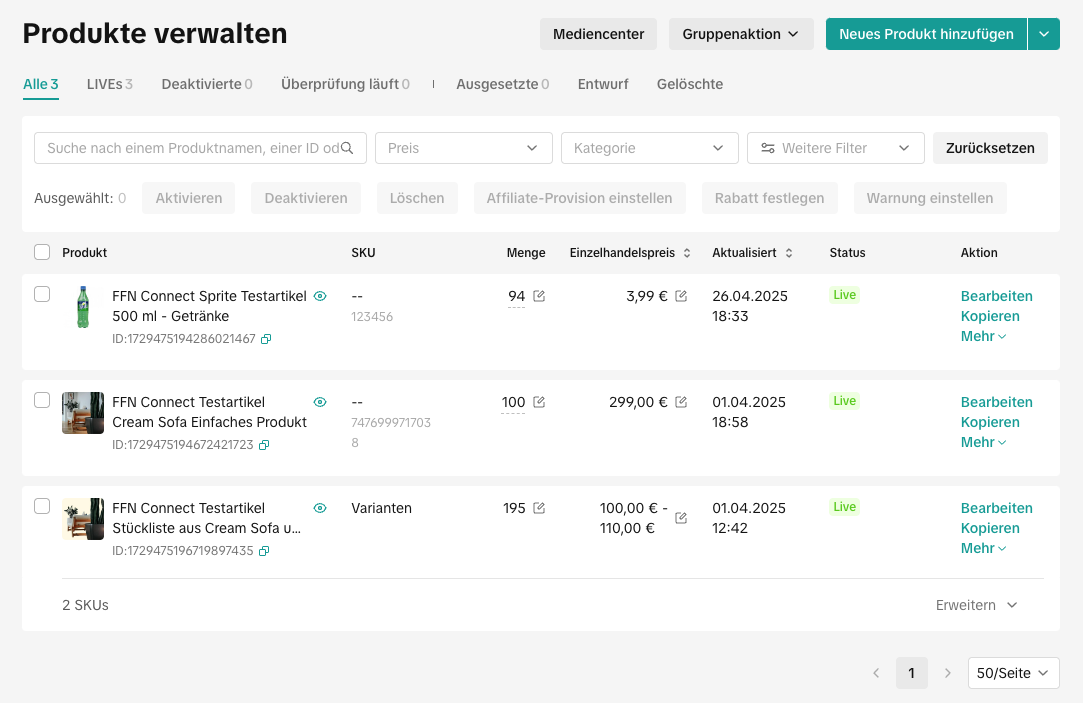 Produktübersicht mit Warenbestand-Spalte