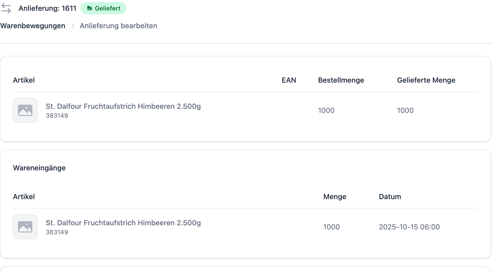 FFN Connect: Anlieferung im Status „Geliefert" mit den Positionen (Bestellmenge, Gelieferte Menge) und den gebuchten Wareneingängen