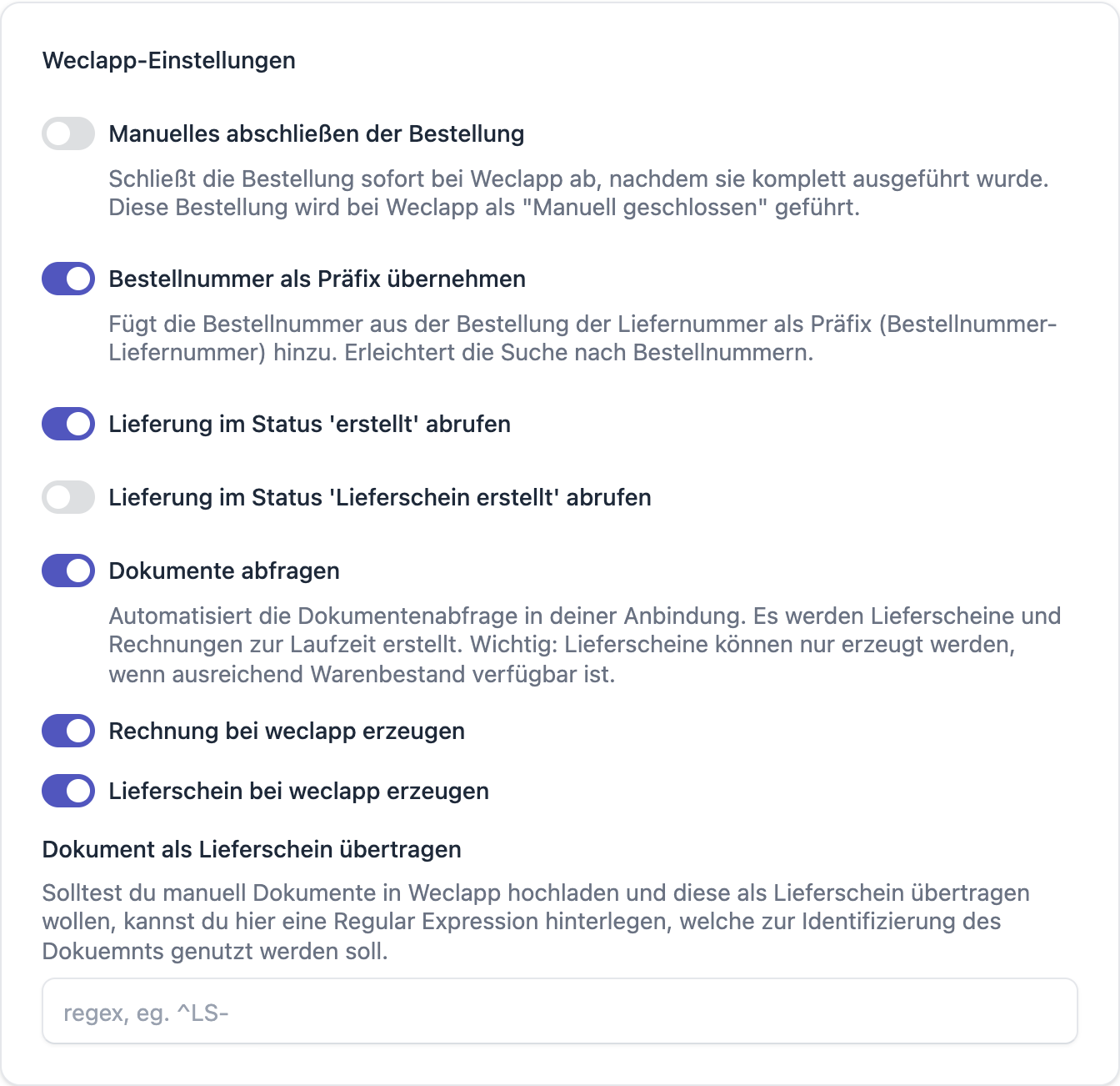 FFN Connect: Karte „Weclapp-Einstellungen" mit den Schaltern für Auftragsabschluss, Präfix, Status-Filter und Dokumentenabfrage